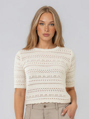 SABRINA – CREWNECK POINTELLE SHORT SLEEVE SWEATER