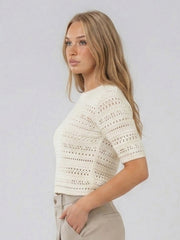 SABRINA – CREWNECK POINTELLE SHORT SLEEVE SWEATER