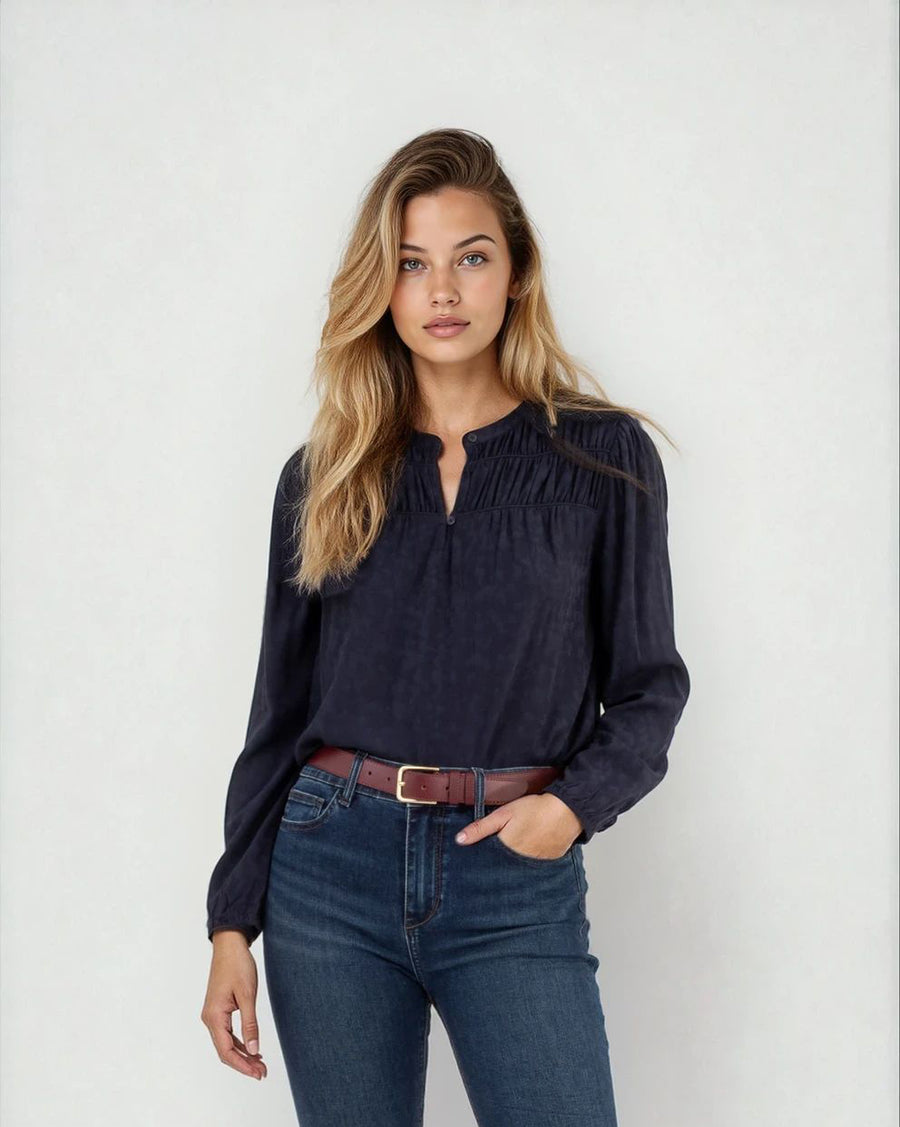 CALLA - TONAL JACQUARD BLOUSE WITH SHIRRED YOKE